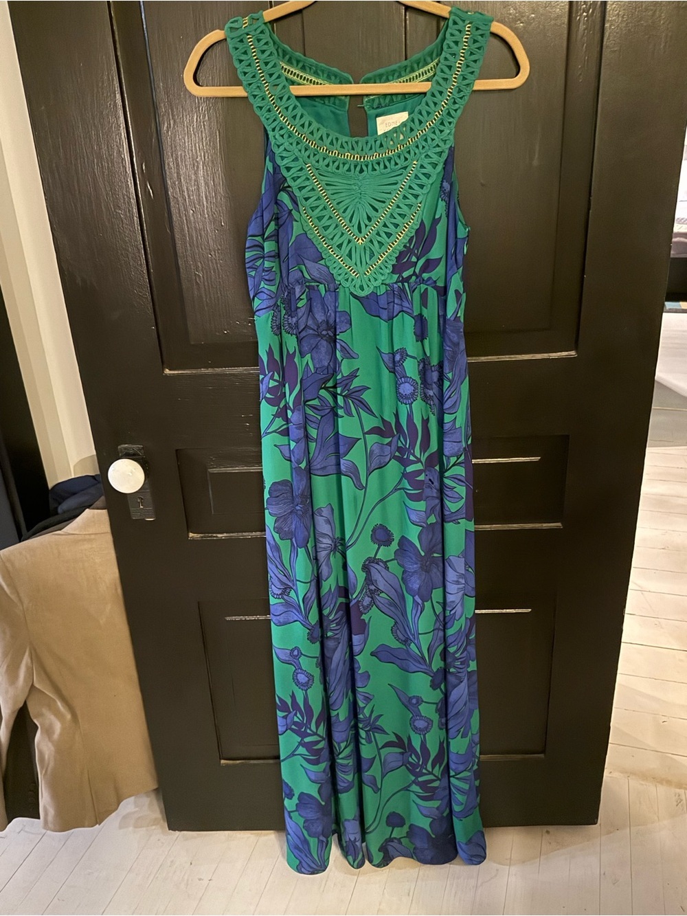 Green Maxi Dress with Blue Floral Print and Crochet Yoke